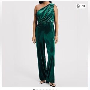 Express Velvet One Shoulder Jumpsuit - Deep Green